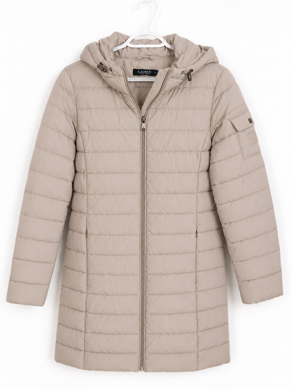Lauren Ralph Lauren Women's Hooded Quilted Coat in Taupe, size medium